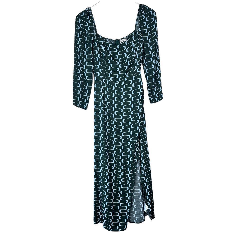 Reformation Hilda Midi Dress Venture Print Green Blue Retro Square Neck US 4